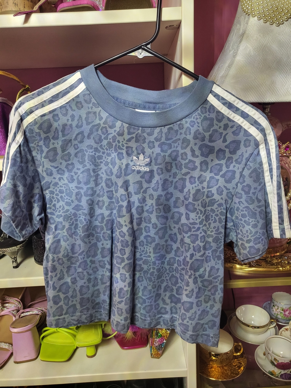 adidas Blue Leopard Print Short Sleeve Crop Top with White Stripes